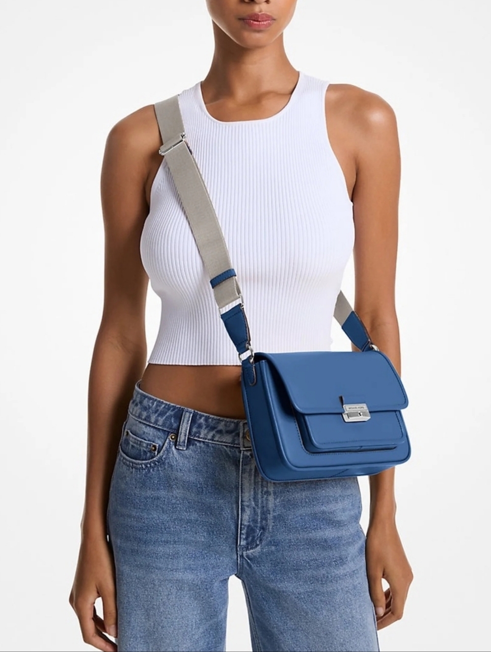 Michael Kors Bradshaw Medium Leather Messenger Bag Galaxy Blue Crossbody - Picture 2 of 6